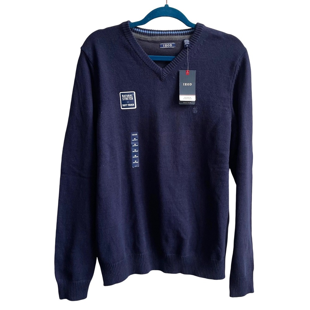 IZOD V-Neck Sweater Mens Medium Navy Blue Preppy Soft Touch Natural Stretch Knit